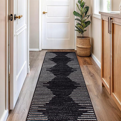 Rugshop Bohemian Stripe Stain Resistant High Traffic Living Room Kitchen Bedroom Dining Home Office Runner Rug 2'7" x 12' Black