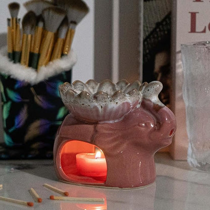 Elephant Oil Burner, Elephant Ceramic Oil Warmers, Retro Decorative Aroma Furnace Creative Gift Box, Furnace Household Burner Lotus Tea Light Rack Decorative Gift (Pink)