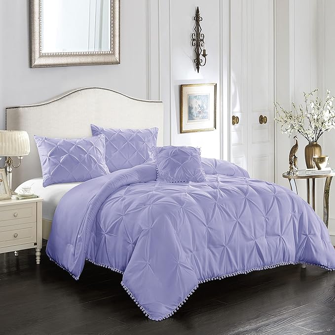 EVOLIVE 4pc Set Pinch Pleat/Kiss Pleat, Pintuck Down Alternative Comforter Set with Pompom (Full/Queen, Purple)