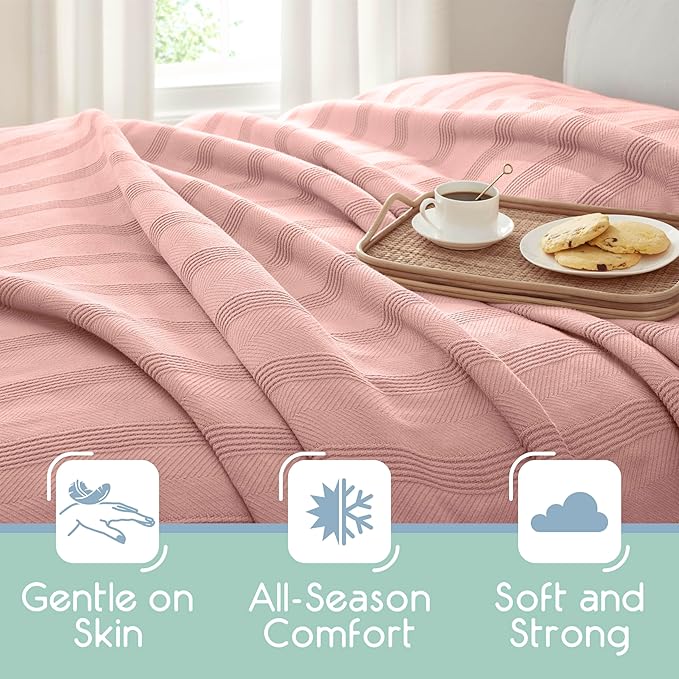 King Size 100% Cotton Blanket | Super Soft Breathable Lightweight Throw | All-Season Knit Blanket | Luxury Hotel Versatile | Easy Care Pink Clay