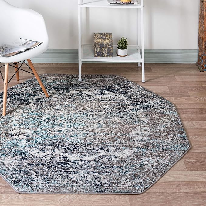 Rugs.com Arlington Collection Rug – 8 Ft Octagon Grey Medium-Pile Rug Perfect for Living Rooms, Kitchens, Entryways
