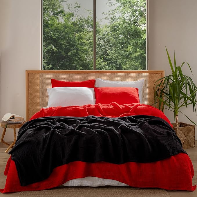 Muslin Blanket - Pure 100% Turkish Cotton Airy Soft Light Versatile Gauze Throw Blanket for Bed, Couch, Sofa (Red, Queen XL Size (95" x 95" inch))