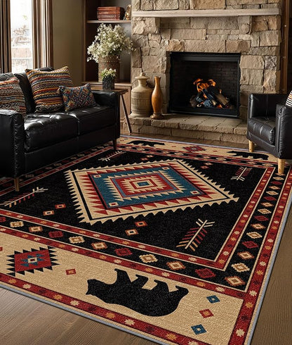 Southwest Rug 8x10 - Native American Bear Cabin Area Rugs for Living Room Bedroom, Rustic Western Machine Washable | Non-Slip | Soft Large Carpets, Western Home Decor (Red Tan Black)