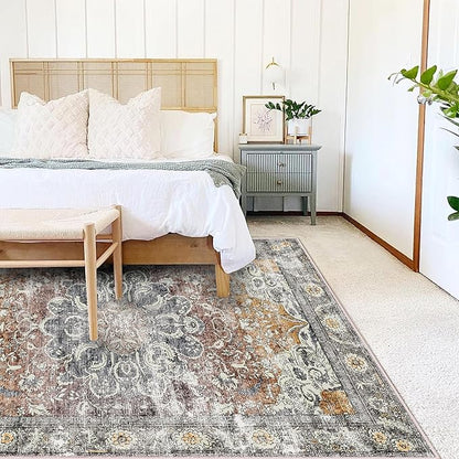 Area Rug 6x9 Washable Rug Brown Grey Vintage Traditional Distressed Thin Retro Kitchen Indoor Floor Cover Non Slip Carpet Floral Print Mat Living Room Bedroom Dining Room