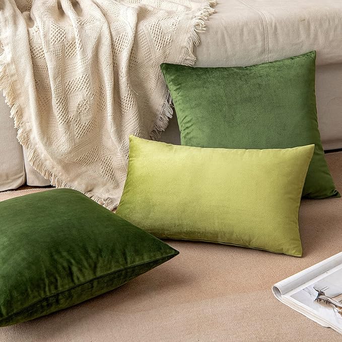 MIULEE Velvet Throw Pillow Covers 12x20 Inch, Pack of 2 - Moss Green, Soft Solid Lumbar Decorative Pillow Covers Modern Luxury Home Decor for Spring Couch Sofa Bedroom Livingroom
