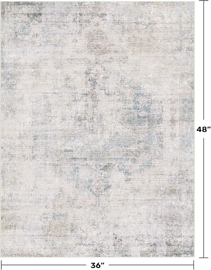 Washable Light Blue Rugs for Entryway Indoor - 3x4 Throw Rug for Large Kitchen, Bedroom Bedside, Bathroom, Mudroom, Mordern Abstract Medallion Décor, Non Slip Low Pile Fade Resistant