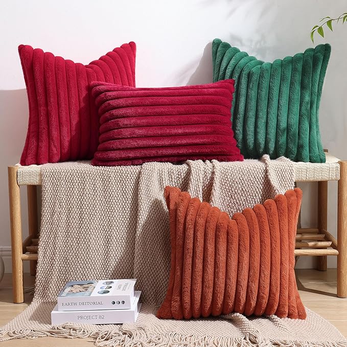 decorUhome Faux Fur Spring Throw Pillow Covers 18x18 Set of 2, Decorative Soft Plush Striped Neutral Couch Pillow Covers with Velvet Back for Sofa, Bed, Living Room Home, Red