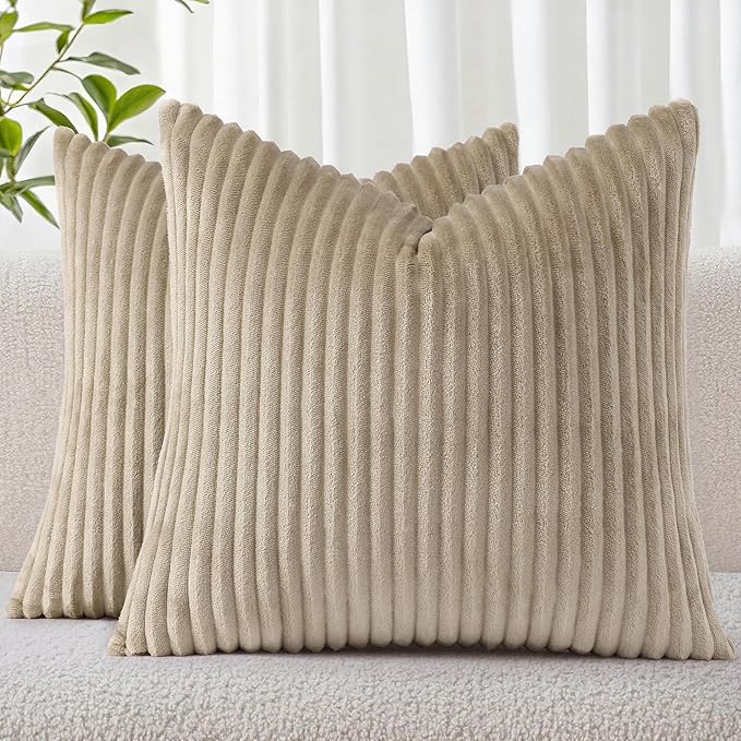 Simmore Decorative Spring Euro Sham Throw Pillow Covers 22x22 Set of 2, Soft Natural Plush Flannel Double-Sided Fluffy Couch Pillow Covers for Sofa Living Room, Khaki