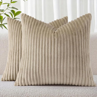 Simmore Decorative Spring Euro Sham Throw Pillow Covers 22x22 Set of 2, Soft Natural Plush Flannel Double-Sided Fluffy Couch Pillow Covers for Sofa Living Room, Khaki