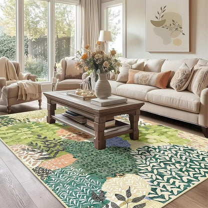 DEXDE Washable Area Rugs 6x9 for Living Room, Floral Large Rug Boho Print Vintage Low Pile Non Slip Carpet for Bedroom Kids Room Nursery Office Dinning Room,Green