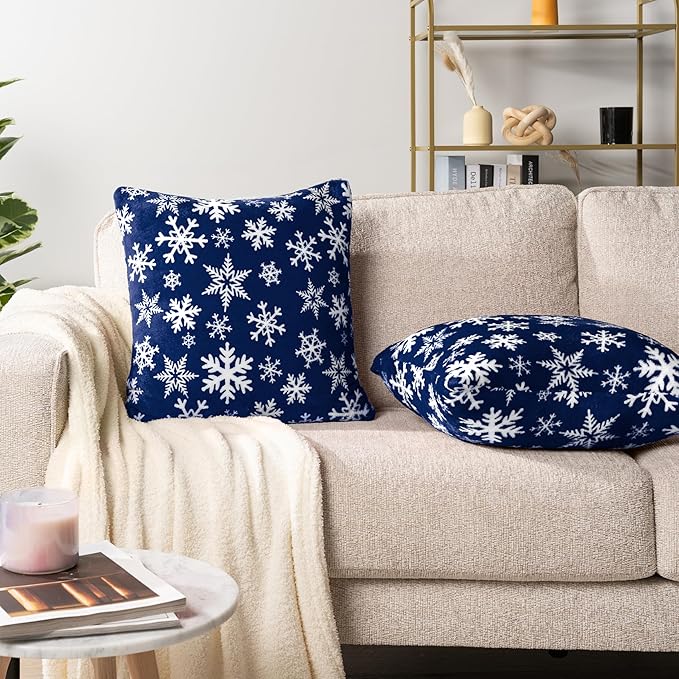 PAVILIA Holiday Throw Pillow Covers 20x20 Set of 2, Decorative Pillow Cases Bed Sofa Couch, Christmas Winter Accent Decor Cushion Bedroom Living Room, Velvet Square Euro Sham Covers, Snowflake Blue