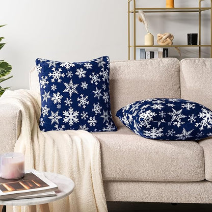 PAVILIA Holiday Throw Pillow Covers 20x20 Set of 2, Decorative Pillow Cases Bed Sofa Couch, Christmas Winter Accent Decor Cushion Bedroom Living Room, Velvet Square Euro Sham Covers, Snowflake Blue