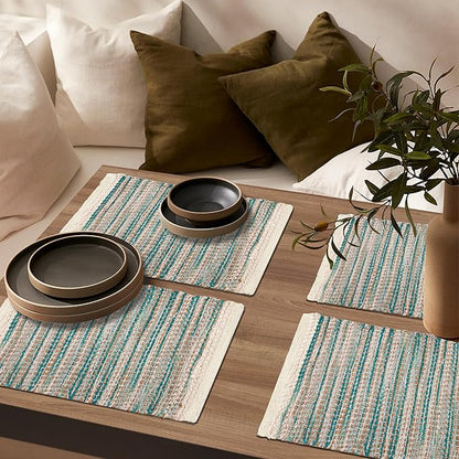 Hausattire Woven Table Placemats Set of 4 - Teal, Jute Boho Outdoor Table Mats for Kitchen Dining Decoration | Heat Resistant Farmhouse Rustic Dinner Placemat for Thanksgiving Decor - 13x19 Inch