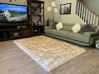 LAMBZY High Pile Super Soft Faux Sheepskin Rug (8'x11', White/Brown Tips)
