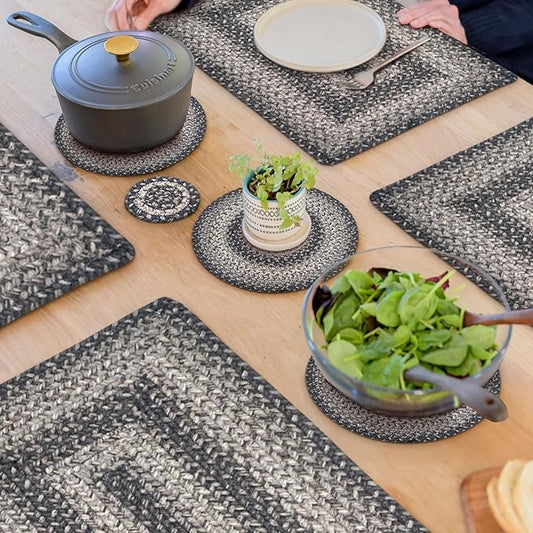 Homespice Flint Hill Jute Braided Kitchen Trivets for Hot Dishes, Warm Primitive Decor, Set of 6, Grey 8" Round Heat Resistant Mat - Rich Colors, Easy to Clean, Durable and Protects Furniture