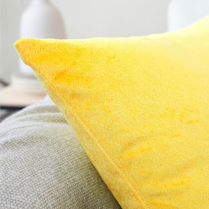 Encasa XO Velvet Throw Pillow Covers 16x16 in (40x40 cm) - Lemon Yellow - No Inserts, Pack of 2 Cases | Solid Plain Dyed Soft & Smooth, Square Decorative Cushion Covers for Living & Bedroom