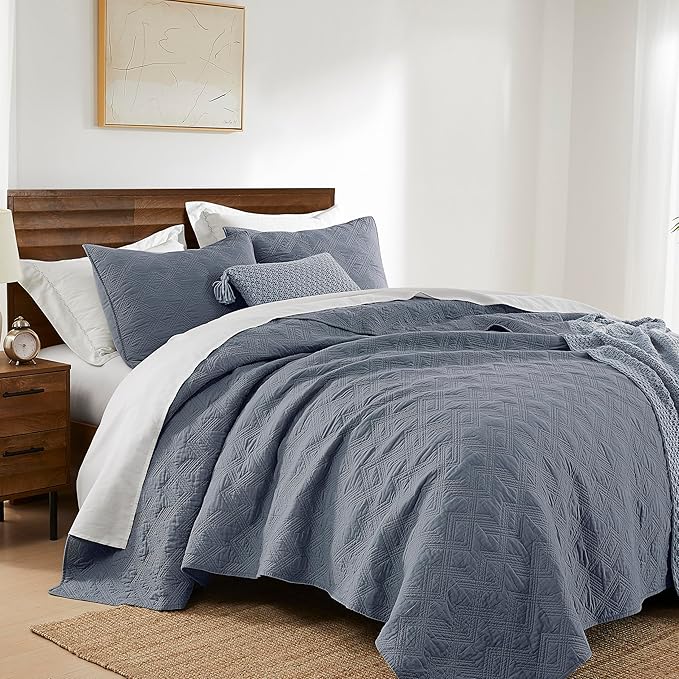 WDCOZY 100% Cotton Twin Size Quilt Set - Dusty Blue Pre-Washed Soft Lightweight Modern Bedspread, Farmhouse Country Rustic Coverlet, Textured Like Linen, Shabby Chic Gauze Bedding, 2 Pieces