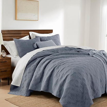 WDCOZY 100% Cotton Twin Size Quilt Set - Dusty Blue Pre-Washed Soft Lightweight Modern Bedspread, Farmhouse Country Rustic Coverlet, Textured Like Linen, Shabby Chic Gauze Bedding, 2 Pieces