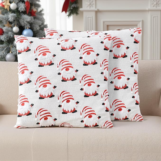 FEVERQIYI Christmas Faux Fur Pillow Covers 20x20 Inch - Soft Plush Decorative Pillowcases with Dancing Santa Snowman Snowflake Design for Holiday Home Sofa Bed Decoration (Inserts Not Included)