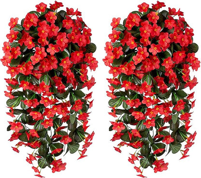 HyeFlora Artificial Fake Hanging Plants Flowers for Outdoor Outside Winter Christmas Decoration, 2 PCS Faux Silk Daisy Mums Red Orchid Vines UV Resistant Realistic for Home Indoor Porch Patio Balcony