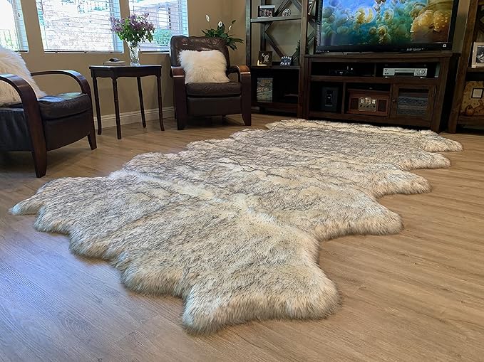 LAMBZY Faux Sheepskin Super Soft Hypoallergenic Silky Shag Rug for Living Room, Kids Room, Sofa (Decto 10 Pelts 6'x10', White/Black Tips)