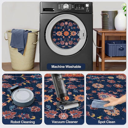 Tangsoo 8x10 Large Area Rug for Living Room,Non Slip Machine Washable Rug for Bedroom, Boho Distressed Vintage Red Blue Floral Rugs, Soft Low Pile Floor Carpet for Dining Room Office Kitchen Farmhouse