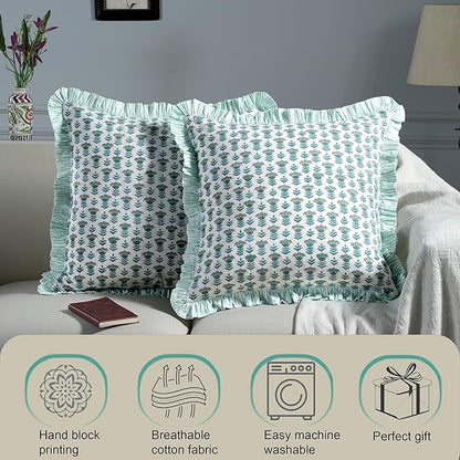 Ridhi Modern Farmhouse Pillow Covers Decorative Cotton Throw Pillow Covers Set of 2 Aquamarine Blue Cushion Covers with Ruffle for Couch Sofa Bed Living Room Spring Home Decor 24x24
