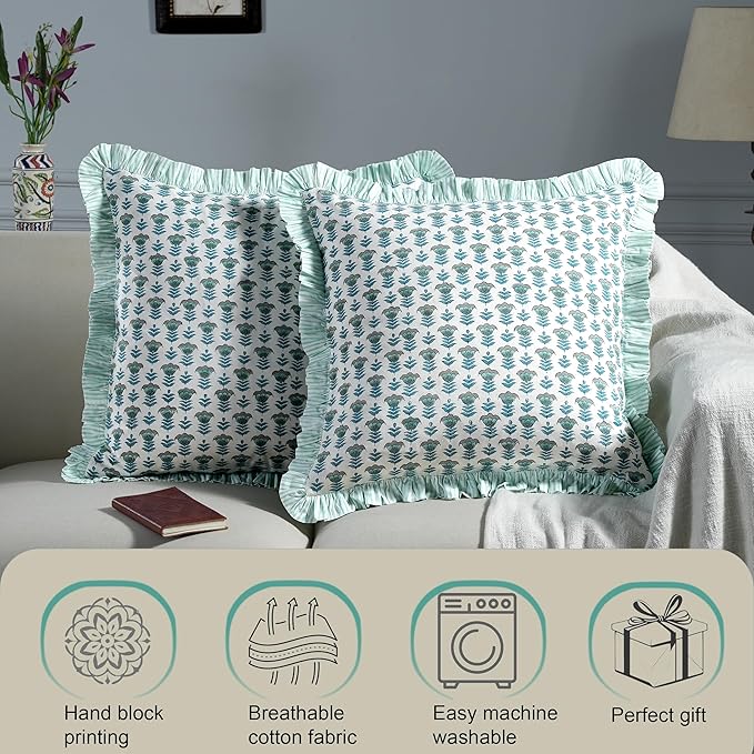 Ridhi Modern Farmhouse Pillow Covers Decorative Cotton Throw Pillow Covers Set of 2 Aquamarine Blue Cushion Covers with Ruffle for Couch Sofa Bed Living Room Spring Home Decor 20x20
