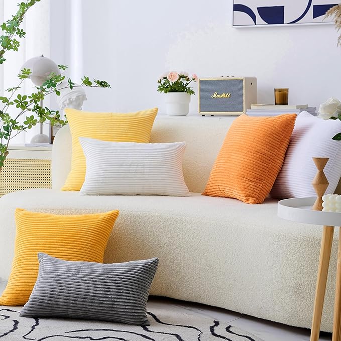 Home Brilliant Decorative Accent Burnt Orange Fall Pillow Covers Thanksgiving Decoration Set of 2 Striped Corduroy Plush Velvet Cushion Cover for Couch Rust, 40cm, 16 x 16 Inch, Orange