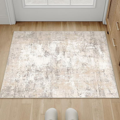 2x3 Washable Area Rug Beige Grey Abstract Entryway Kitchen Throw Rug Neutral Modern Non Slip Soft Low Pile Small Carpet for Bathroom Living Room Bedroom