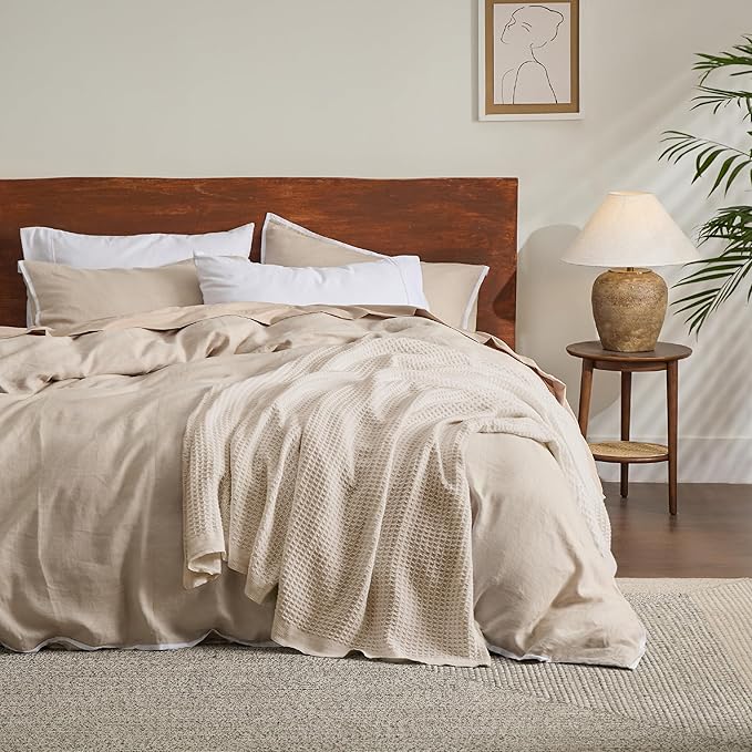 Bedsure Gentlesoft 100% Cotton Blanket Twin XL Size for College Dorm - Breathable and Soft, Waffle Weave Twin Blanket for Summer, Dorm Room Essentials, Light Beige, 66x90 inches