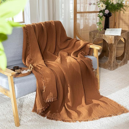 MooMee Muslin Blanket - 100% Cotton 4-Layer Gauze Throw Blanket with All-Around Fringe, Ultra-Soft Breathable Lightweight Cooling Decorative for Bed, Sofa & Couch (Drak Orange,Super King 108" x 98")
