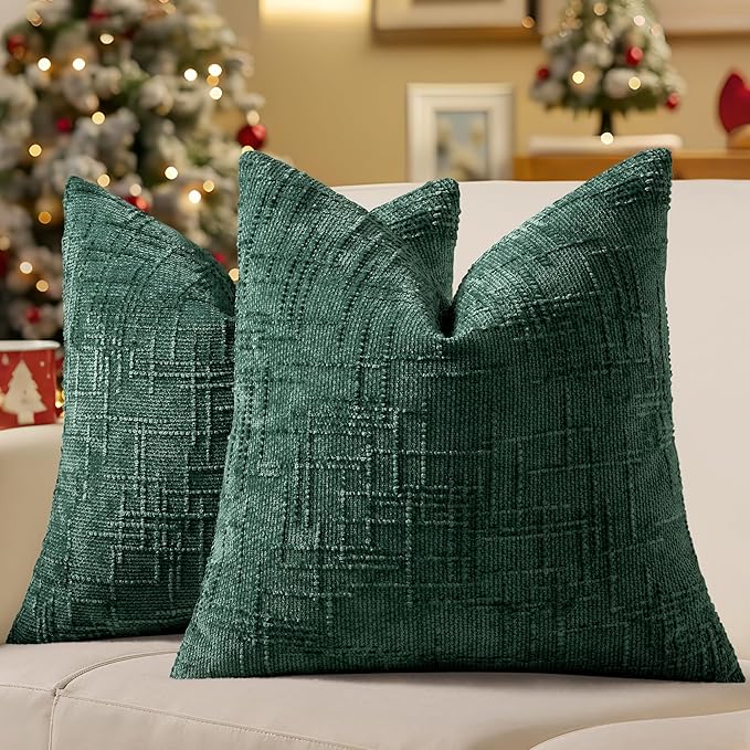 decorUhome Christmas Green Chenille Throw Pillow Covers 20x20 Set of 2 Thick Textured Slubby Couch Pillow Covers Farmhouse Accent Modern Neutral Decorative Pillow Cases for Bed Sofa Living Room
