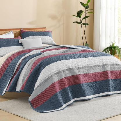 Litanika Quilt King Size Blue and Red, Stripe Patchwork Summer Bedspread Coverlet 3 Pieces, Soft Lightweight Microfiber Quilted Bedding Set for All Season(1 Quilt, 2 Pillowcases)