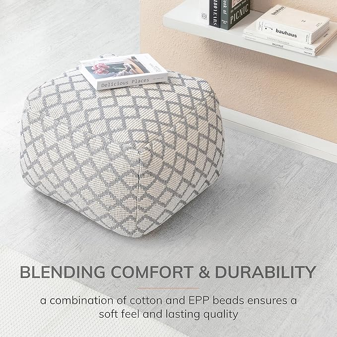 Anji Mountain 100% Handmade & Handcrafted Comfortable Home Décor Pouf Ottoman Footrest for Living Room, Bedroom, Nursery, Kidsroom, Patio Furniture - (22" x 22" x 16"- Gray,Ivory)
