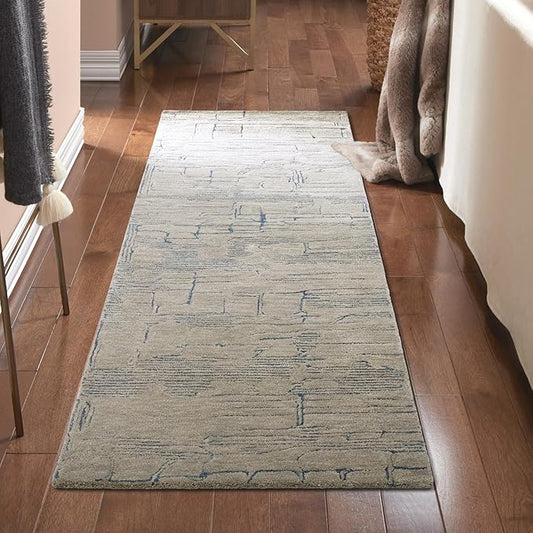 TOWN & COUNTRY LUXE Remi Abstract Line Art Handcrafted 100% Wool Runner Area Rug, Grey/Blue, 2'5"x7"