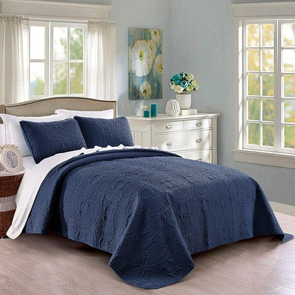 Quilt Set King/Cal King/California King Size Navy - Oversized Bedspread Soft Microfiber Lightweight Coverlet for All Season - 3 Piece includes 1 Quilt and 2 Shams Geometric Pattern