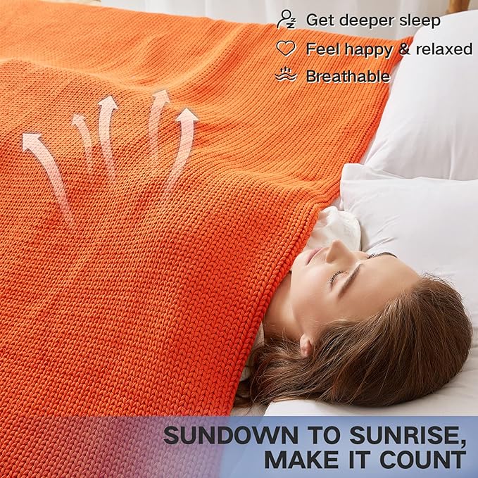 Guohaoi Knitted Weighted Blanket for Adults (Orange 60"x80" 20lbs) No Beads Cooling Throw Blanket for Hot Sleepers, Home Decor Breathable Chunky Knit Heavy Blanket Use on Queen/King Size Bed