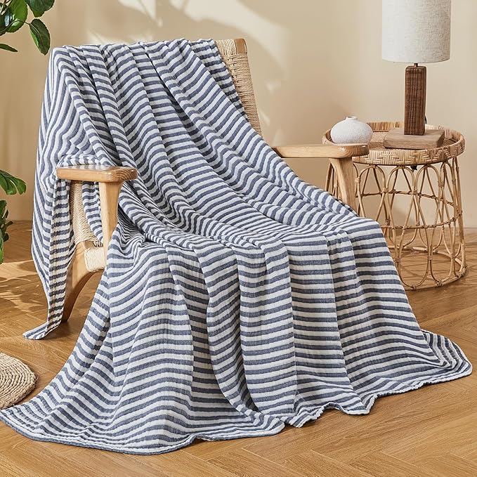 EMME Cotton Muslin Twin XL Blanket Breathable Gauze Soft Lightweight Adults Gifts for Women (Striped Navy, 66"x90")