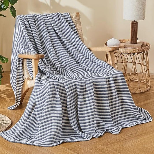 EMME Cotton Muslin Large Throw Blanket Couch Breathable Gauze Soft Lightweight Bed Blankets Adults (Striped Navy, 50"x70")