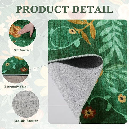 DUKINO 2x5 Runner Rug for Hallway, Washable Kitchen Floral Runner Rug with Non Slip Backing, Low Pile Soft Boho Carpet for Kitchen, Hallway, Entryway, Laundry, Bedroom, Dark Green