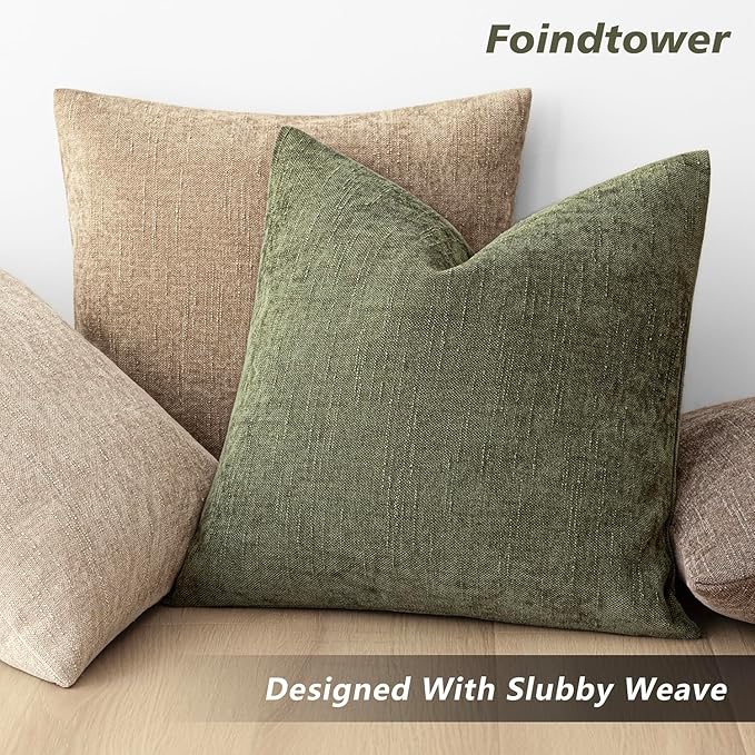 Foindtower Pack of 2 Soft Textured Chenille Throw Decorative Pillow Covers Square Accent Solid Cushion Cover Cozy Neutral Farmhouse Pillow Case for Couch Sofa Bedroom Living Room 24x24 Inch,Dark Green