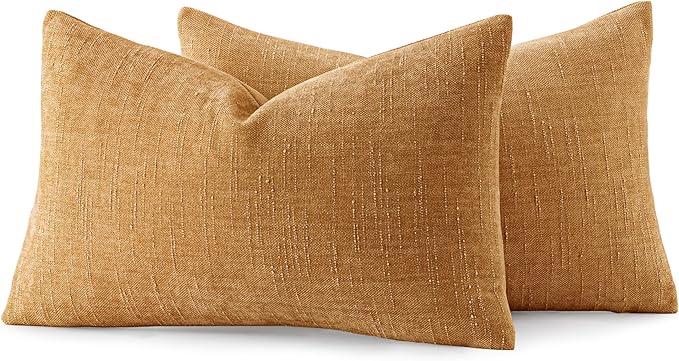 MIULEE Pack of 2 Decorative Throw Pillow Covers Soft Chenille Lumbar Accent Throw Pillows Solid Textured Cushion Covers Home Decor for Couch Sofa Bedroom Living Room 20x12 Inch,Golden Brown
