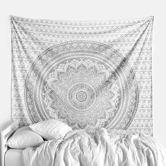 raajsee Metallic Silver Tapestry Grey Mandala Wall Hangings, Indian cotton Beach Throw Blanket, Hippie Tapestries Boho Decor,Twin Bedspread 52x82 inches Yoga Mat Rugs