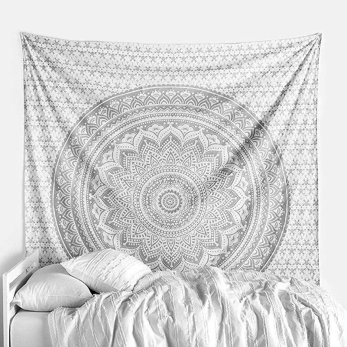 raajsee Silver Grey Mandala Wall Hanging – Aesthetic Indie Decor for Bedroom – Boho Trippy Small 30x40 Inches