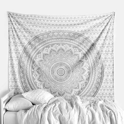raajsee Silver Grey Mandala Wall Hanging – Aesthetic Indie Decor for Bedroom – Boho Trippy Small 30x40 Inches