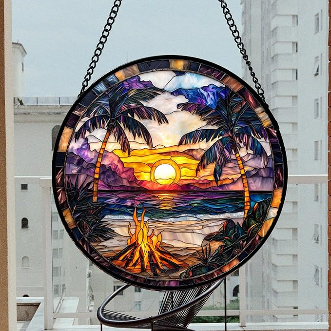 Stained Glass Window Hanging,Bonfire Beach Landscape Suncatcher Diamond Glass Panel Sun Catchers Decor for Birthday for Women, Men, Wife, Aunt, and Mom 14.9x14.9 in