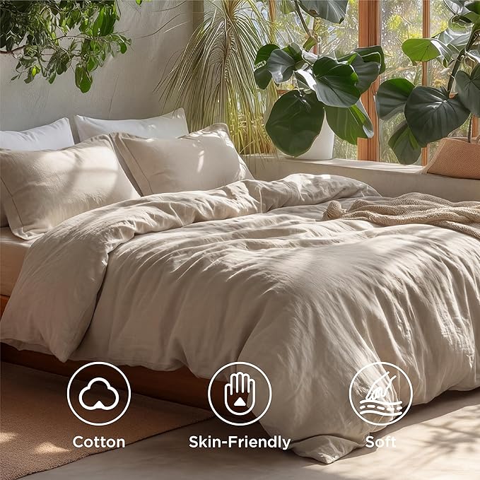 Bedsure 100% Washed Cotton Duvet Cover Oversized King - Frosted Almond Minimalist Cotton Duvet Cover Linen Like - GentleSoft™ Plain Simple Bedding (Frosted Almond, Oversized King, 120"x98")