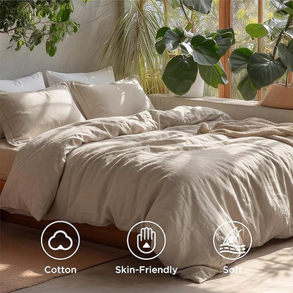 Bedsure 100% Washed Cotton Duvet Cover Cal King - Frosted Almond Minimalist Cotton Duvet Cover Linen Like - GentleSoft™ Plain Simple Bedding (Frosted Almond, California King, 104"x98")