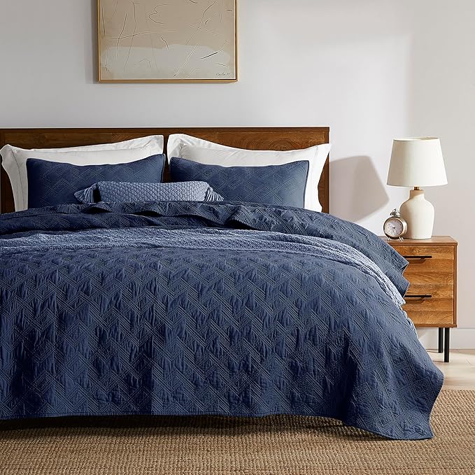 WDCOZY 100% Cotton Queen Size Quilt Set - Navy Blue Pre-Washed Soft Lightweight Modern Bedspread, Farmhouse Country Rustic Coverlet, Textured Like Linen, Shabby Chic Gauze Bedding, 3 Pieces